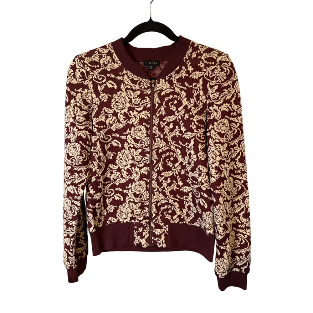 Timing Women’s Full Zip Sweater Jacket Burgundy Beige Floral Size M Cotton Blend